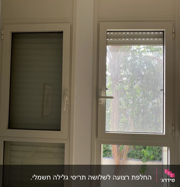 תריסים לבנים סגורים וחלון עם תריס פתוח